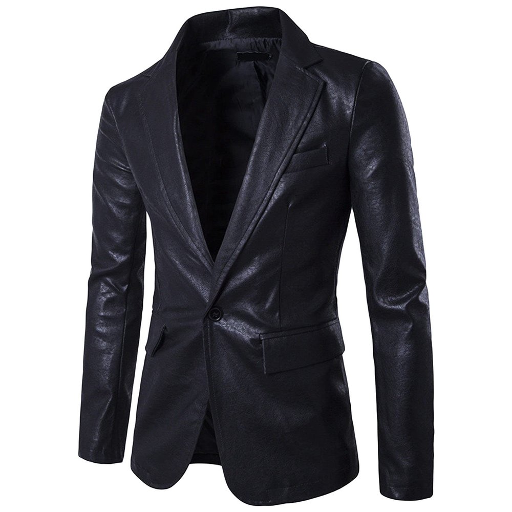 JEsilunmaMY Men's Casual Leather Blazer Slim Fit 1 Button Lightweight Sport Coat Wedding Prom Dinner Business Spring Jacket (Black,X-Large)