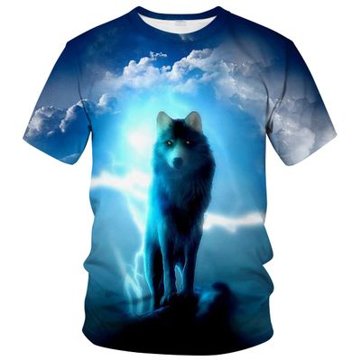 ARORALS Men's Wolf T-Shirt Summer Short Sleeve Tees Tops Animal Theme Sweatshirt Realistic Graphic Shirt,Blue,4XL
