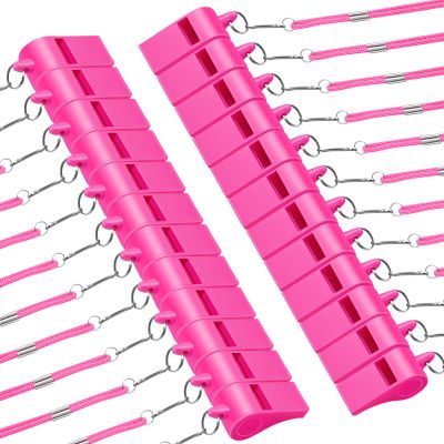 Deekin 24 Pack Whistles Pink Whistles Plastic Whistles with Lanyard Plastic Loud Crisp Sound Whistle for Referee Coaches Whistle for Outdoor Training Camping Football Soccer Basketball Game Supplies