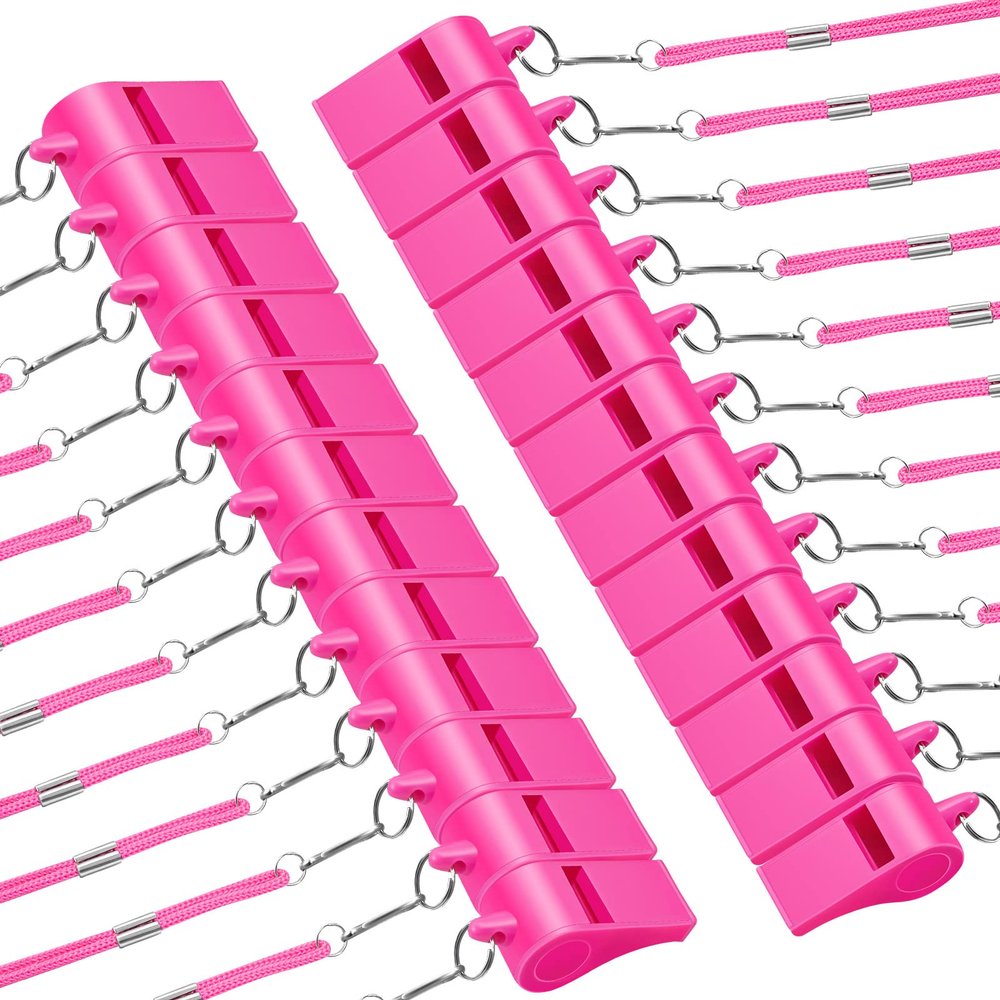 Deekin 24 Pack Whistles Pink Whistles Plastic Whistles with Lanyard Plastic Loud Crisp Sound Whistle for Referee Coaches Whistle for Outdoor Training Camping Football Soccer Basketball Game Supplies