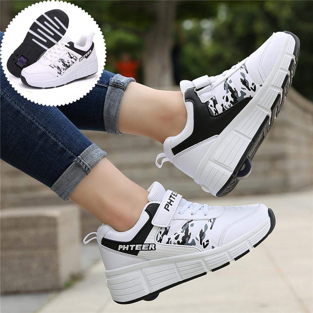 Shoes With Wheels 2 in 1 Multifunctional Shoes Boys Girls Roller Skates Double Wheels SneakersLight Roller Skates Wheels/452 (Color : Branco, Size : 31 EU)