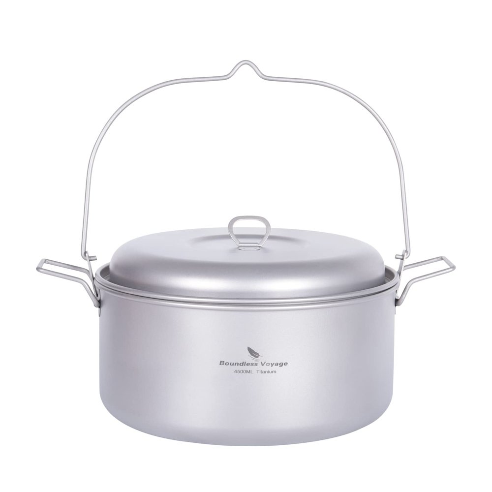 iBasingo 4.5L Titanium Soup Pot with Foldbale Handle Lightweight Hanging Pot Portable Cookware for 3-5 Persons in Camping Picnic Hiking Travel Household Ti2112C