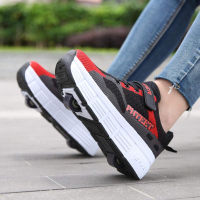 Children's Shoes With Wheels, Skateboarding ShoesLight Roller Skates Wheels, Sports Shoes Skateboarding Outdoor Gymnastics SneakersWith Adjustable Snap Button/16 (Color : Red, Size : 34 EU)