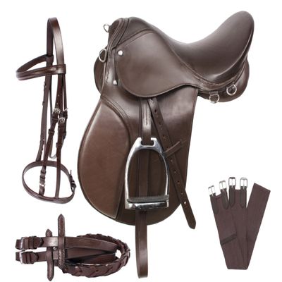 SHOWMEN CRAFT Brown Leather Beginner English Horse Saddle TACK Set Bridle REINS Girth Stirrups Irons
