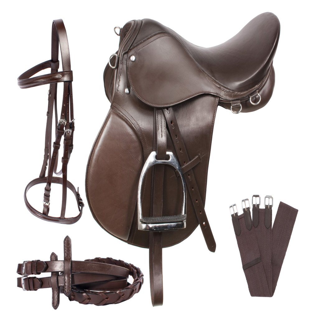 SHOWMEN CRAFT Brown Leather Beginner English Horse Saddle TACK Set Bridle REINS Girth Stirrups Irons