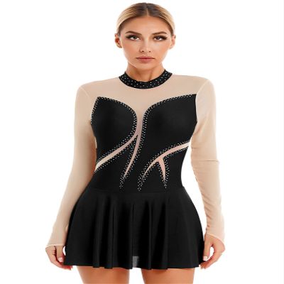 Freebily Women's Figure Ice Skating Dress Long Sleeve Shiny Rhinestones Roller Skating Lyrical Dance Costume Black F Large
