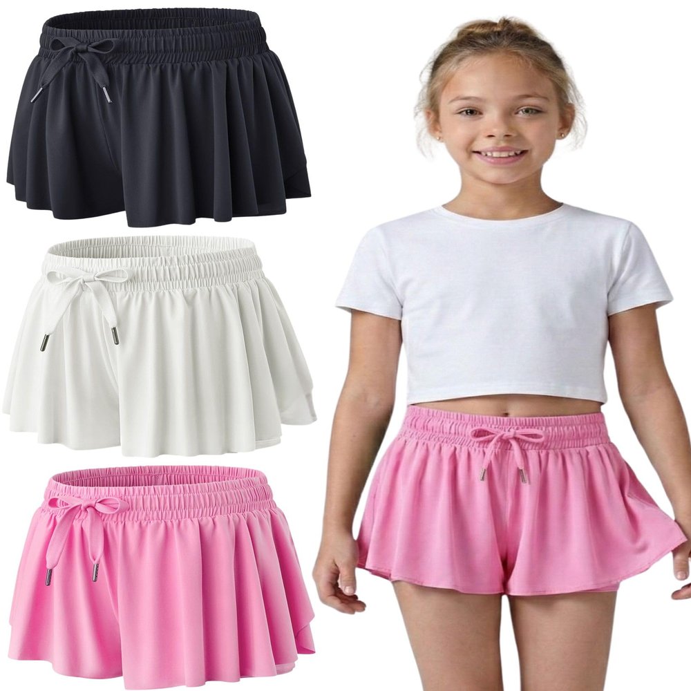 3 Pack Girls Flowy Shorts with Spandex Liner 2-in-1 Youth Butterfly Skirts for Fitness, Running, Sports (Set 2, X-Large)