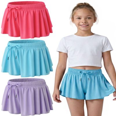 3 Pack Girls Flowy Shorts with Spandex Liner 2-in-1 Youth Butterfly Skirts for Fitness, Running, Sports (Set 4, Medium