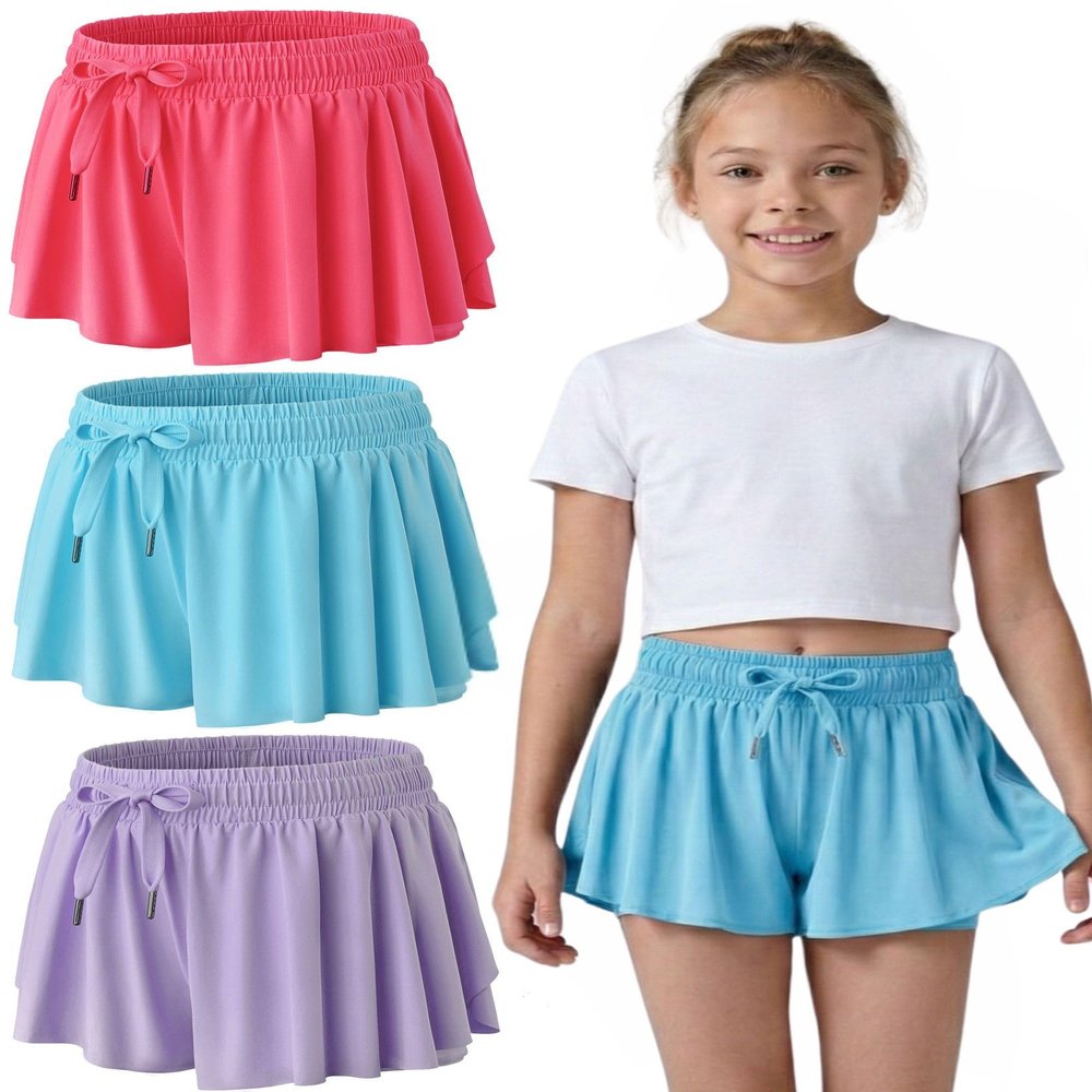 3 Pack Girls Flowy Shorts with Spandex Liner 2-in-1 Youth Butterfly Skirts for Fitness, Running, Sports (Set 4, Medium