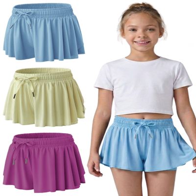3 Pack Girls Flowy Shorts with Spandex Liner 2-in-1 Youth Butterfly Skirts for Fitness, Running, Sports (Set 6, Small)