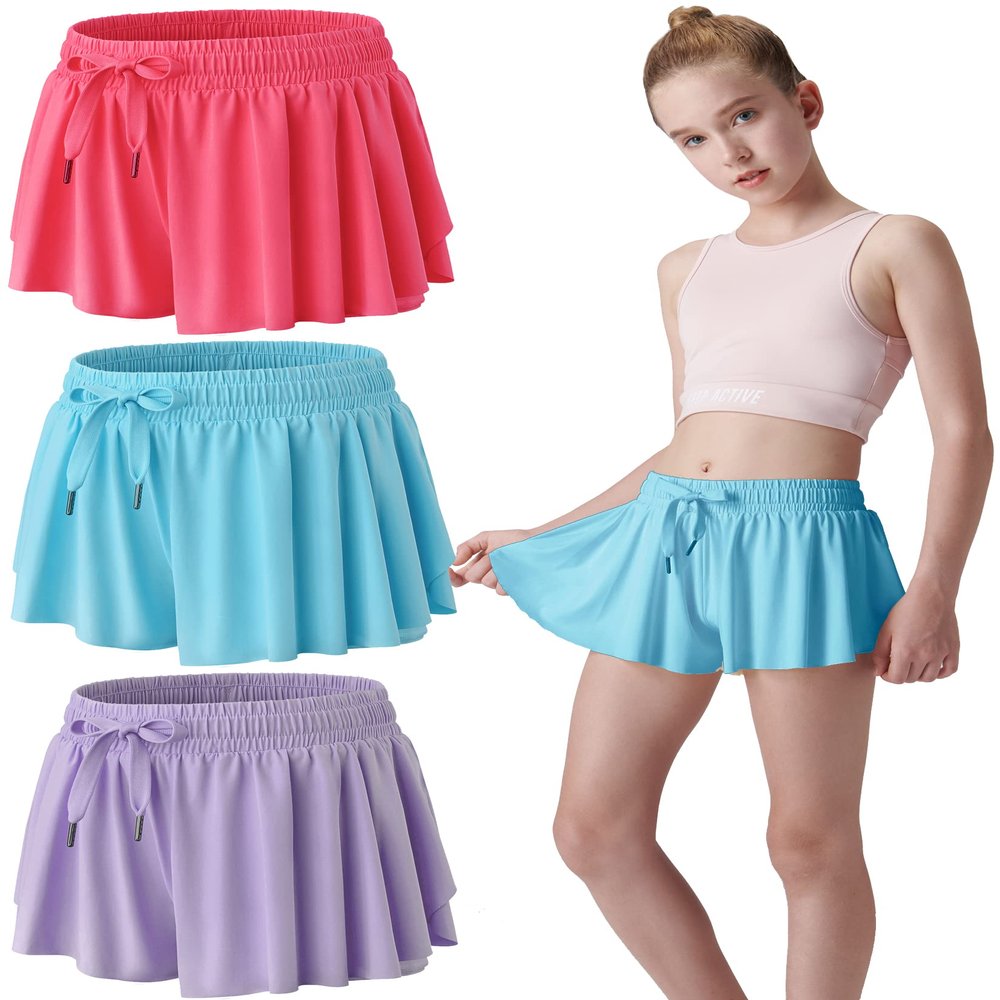 3 Pack Girls Flowy Shorts with Spandex Liner 2-in-1 Youth Butterfly Skirts for Fitness, Running, Sports (Set 4, Youth X-Large)