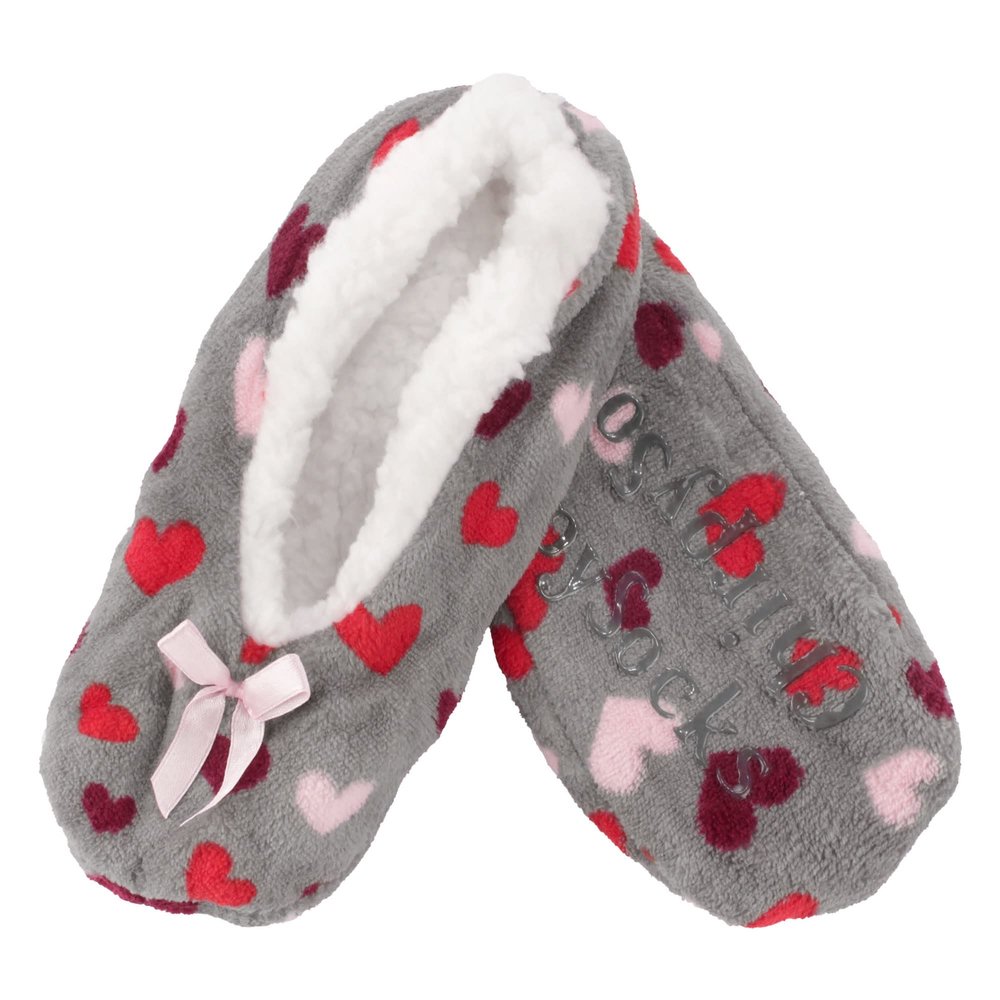 BambooMN Adult Women's Soft Fuzzy Furry Home Non-Slip Lined Slipper Socks, Travel Indoor House Slippers, Grey Hearts, Small, 1 Pair