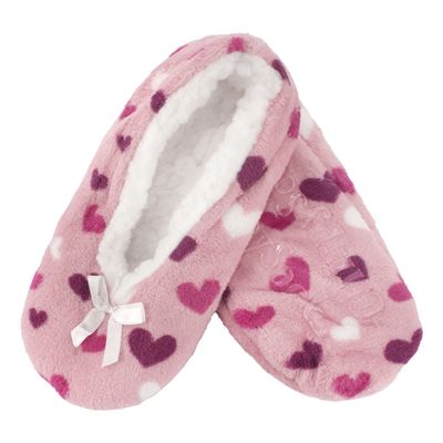 BambooMN Adult Women's Soft Fuzzy Furry Home Non-Slip Lined Slipper Socks, Travel Indoor House Slippers, Pink Hearts, Extra Large, 1 Pair