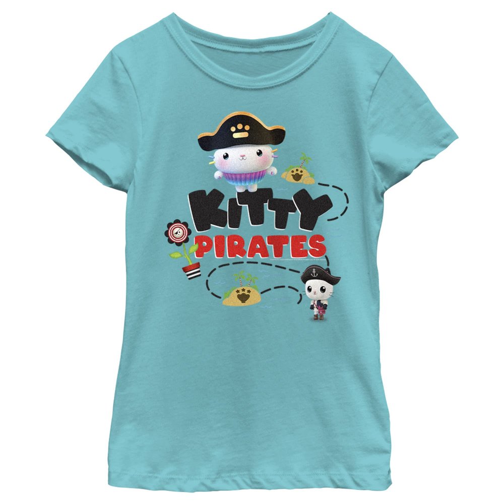 Fifth Sun Gabby's Dollhouse Kitty Pirates Girls Short Sleeve Tee Shirt, Tahiti Blue