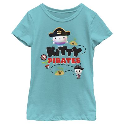 Fifth Sun Gabby's Dollhouse Kitty Pirates Girls Short Sleeve Tee Shirt, Tahiti Blue