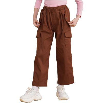 Jizyo Kids Girls Cotton Cargo Jogger Pants for Hip Hop Jazz Dance Elastic Waist Hiking Trousers with Pockets Streetwear Brown Type B 11-12 Years