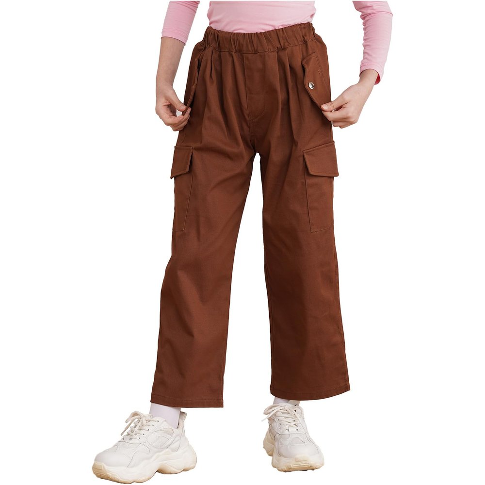 Jizyo Kids Girls Cotton Cargo Jogger Pants for Hip Hop Jazz Dance Elastic Waist Hiking Trousers with Pockets Streetwear Brown Type B 11-12 Years