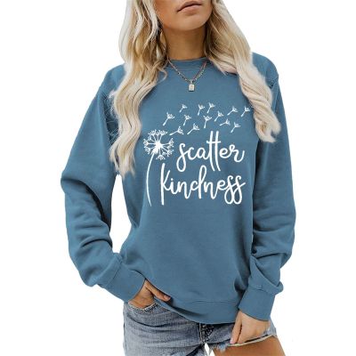 Scatter Kindness Sweatshirt for Women Wish Shirt Funny Dandelion Graphic Sweatshirts Letter Printed Long Sleeve Tops Blue