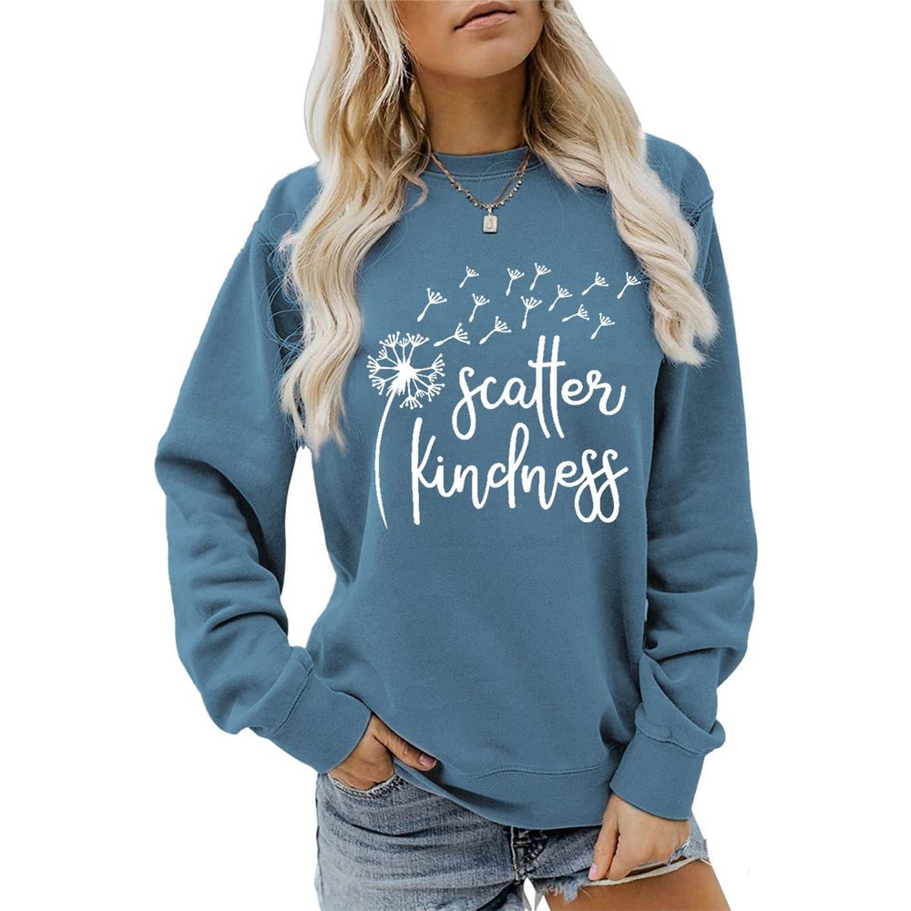 Scatter Kindness Sweatshirt for Women Wish Shirt Funny Dandelion Graphic Sweatshirts Letter Printed Long Sleeve Tops Blue