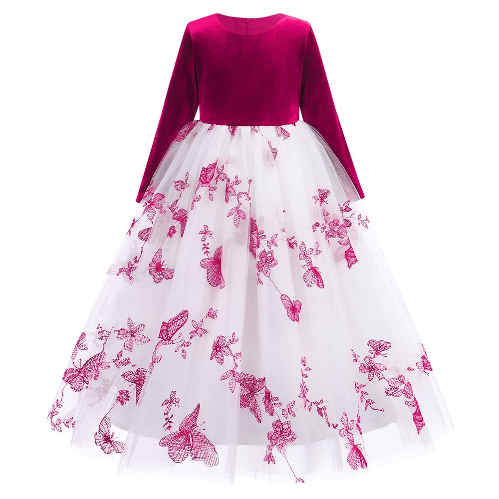 Flower Girl Velvet Dress 3/4 Sleeve Butterfly Princess Maxi Dresses Girls Wedding Bridesmaid Dance Party First Communion Formal Ball Gown Fall Winter Princess Dress Hot Pink-Butterfly 13-14 Years
