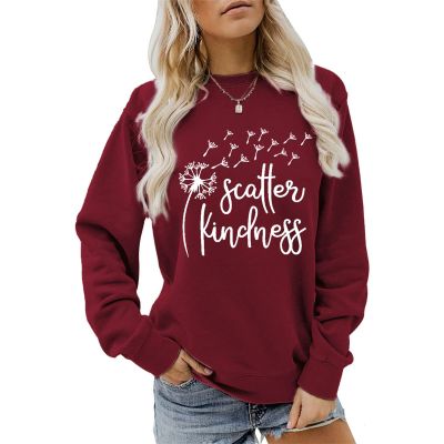 Scatter Kindness Sweatshirt for Women Wish Shirt Funny Dandelion Graphic Sweatshirts Letter Printed Long Sleeve Tops Wine Red