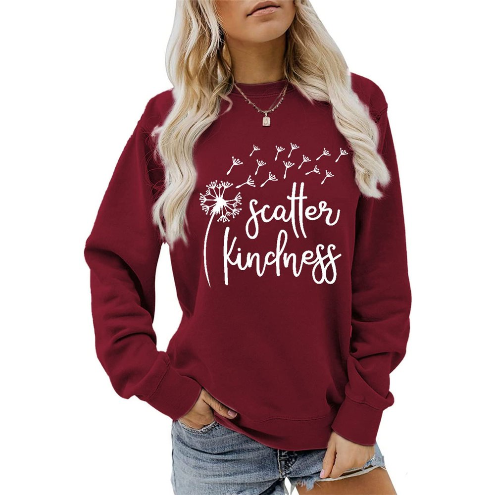 Scatter Kindness Sweatshirt for Women Wish Shirt Funny Dandelion Graphic Sweatshirts Letter Printed Long Sleeve Tops Wine Red