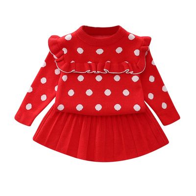 Toddler Baby Girls Outfit Knitted Buttons Sweater Tops Mini Skirt Bowknot Ruffle Long Sleeve Autumn Winter Clothes Set Pleated Skirt Dress Fall Winter Outfits Clothes Set Red-Polka Dots 18-24 Months