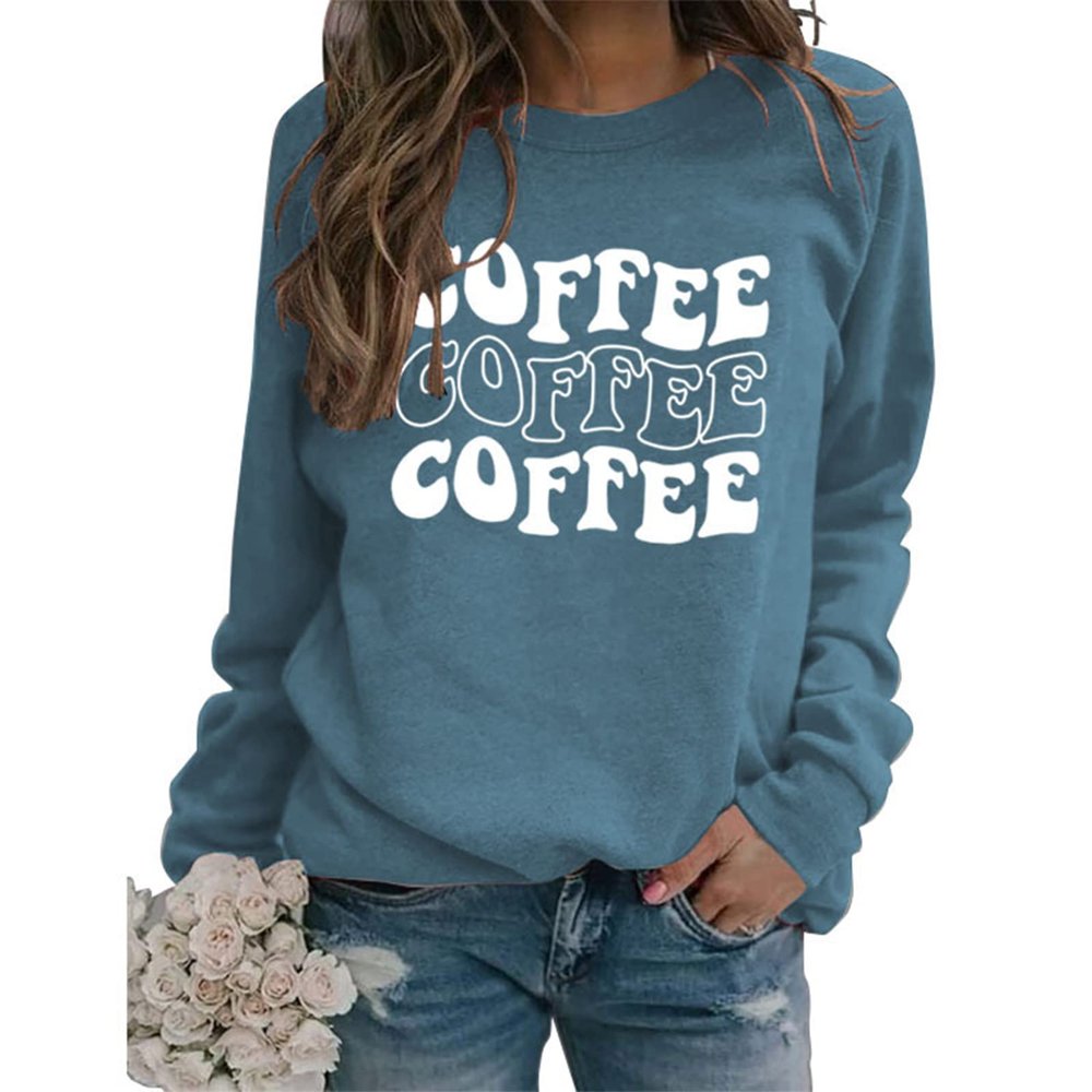BOFUPAGO Coffee Sweatshirt for Women Funny Coffee Lover Gifts Long Sleeve Tops Letter Printed Crewneck Sweatshirts