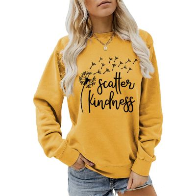 Scatter Kindness Sweatshirt for Women Wish Shirt Funny Dandelion Graphic Sweatshirts Letter Printed Long Sleeve Tops Yellow