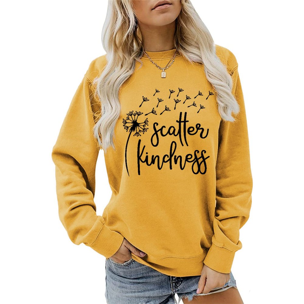 Scatter Kindness Sweatshirt for Women Wish Shirt Funny Dandelion Graphic Sweatshirts Letter Printed Long Sleeve Tops Yellow