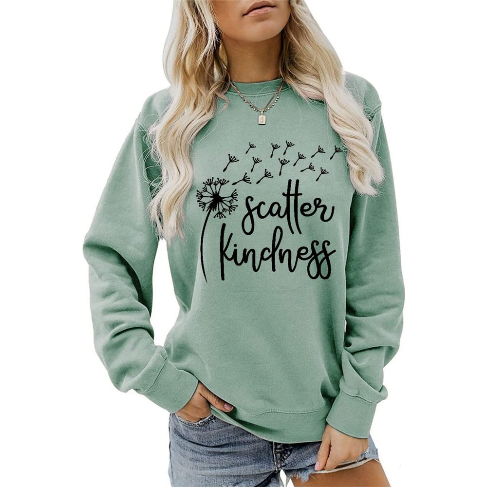 Scatter Kindness Sweatshirt for Women Wish Shirt Funny Dandelion Graphic Sweatshirts Letter Printed Long Sleeve Tops Light Green