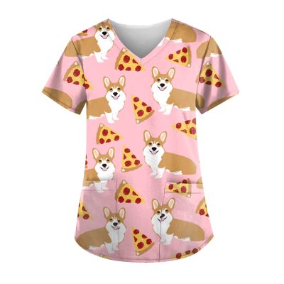 NBXNZWF Women's Animal Printed Scrub Tops Plus Size V-Neck T Shirts Workwear Nurse Uniform Tee with Pockets 01-pink