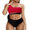 MOOSLOVER Women One Shoulder High Waisted Bikini Tie High Cut Two Piece Swimsuits(XL,Black Red) view 1