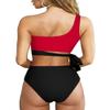 MOOSLOVER Women One Shoulder High Waisted Bikini Tie High Cut Two Piece Swimsuits(XL,Black Red) view 2