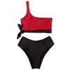 MOOSLOVER Women One Shoulder High Waisted Bikini Tie High Cut Two Piece Swimsuits(XL,Black Red) view 3