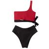 MOOSLOVER Women One Shoulder High Waisted Bikini Tie High Cut Two Piece Swimsuits(XL,Black Red) view 4
