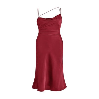 2022 Women's Dresses Strappy Yoke Draped Front Satin Cami Dress Women's Dresses (Color : Red, Size : X-Small)