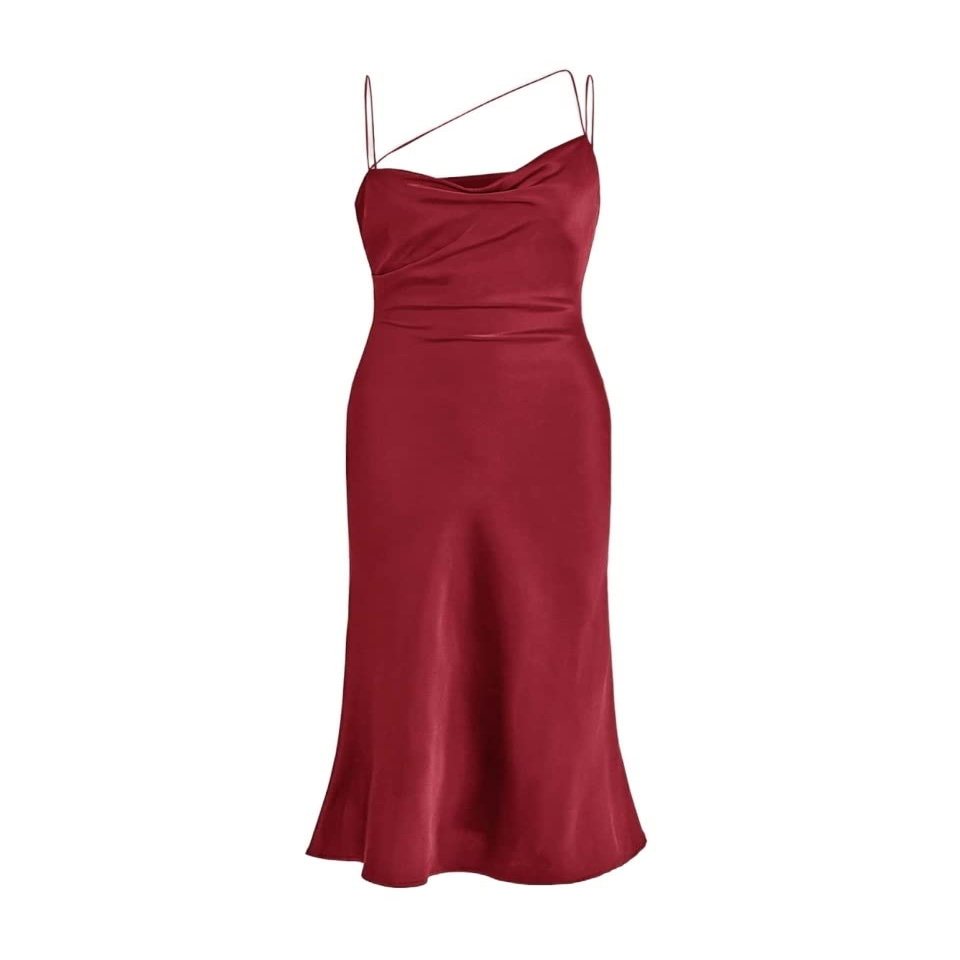 2022 Women's Dresses Strappy Yoke Draped Front Satin Cami Dress Women's Dresses (Color : Red, Size : X-Small)