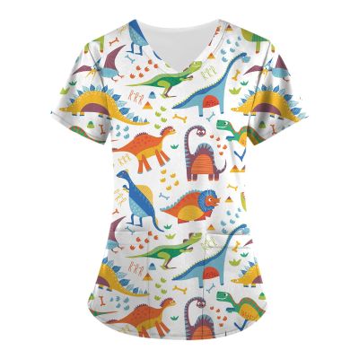 NBXNZWF Women's Animal Printed Scrub Tops Plus Size V-Neck T Shirts Workwear Nurse Uniform Tee with Pockets 07-white 4X-Large