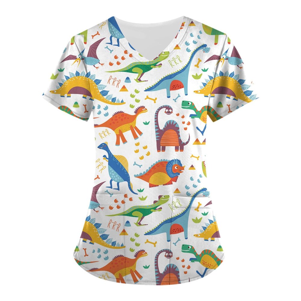 NBXNZWF Women's Animal Printed Scrub Tops Plus Size V-Neck T Shirts Workwear Nurse Uniform Tee with Pockets 07-white 4X-Large