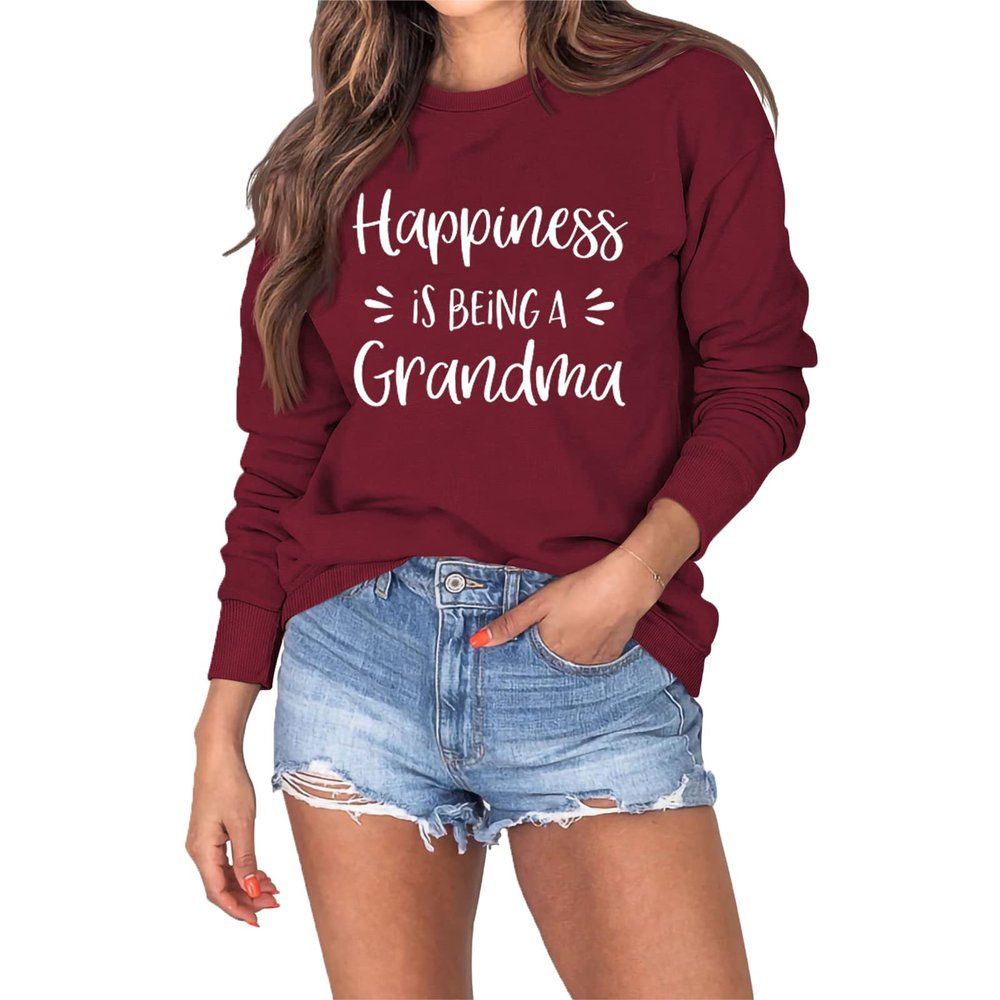 BOFUPAGO Happiness is Being a Grandma Sweatshirt for Women Funny Grandma Gifts Long Sleeve Tops Nana Shirt Gigi Gifts Wine Red
