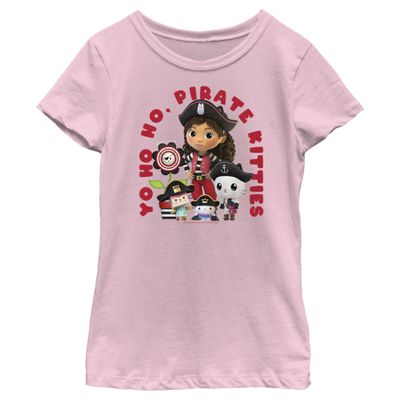 Fifth Sun Gabby's Dollhouse Pirate Kitties Girls Short Sleeve Tee Shirt, Light Pink