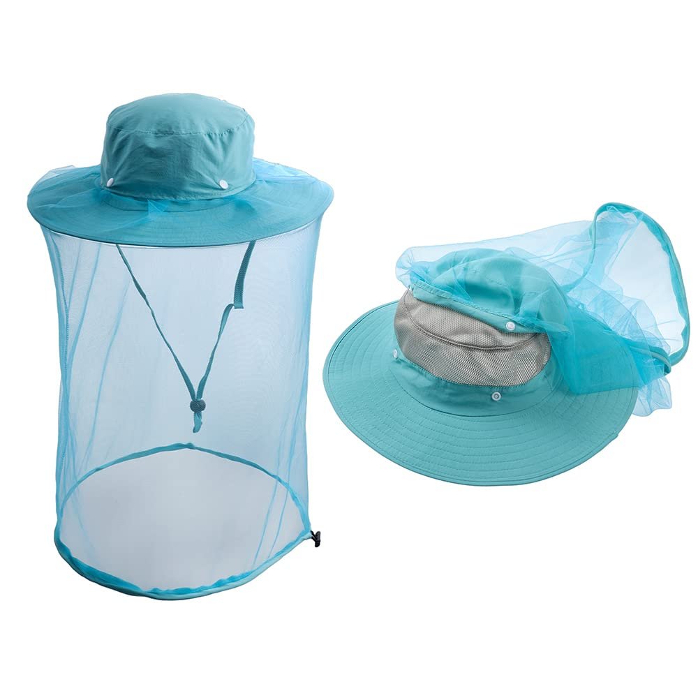HunterBee Mosquito Head Net Hat - Bug Cap Veil Mesh Protection with Hidden Netting for Dog Grooming Beekeeping Hiking Women Aqua Green