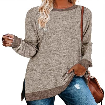 WELINCO Women's Long Sleeve Sweatshirts Color Block Crewneck Tunic Sweaters Tunic Tops (NEW Khaki Large)