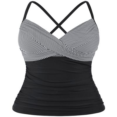 coastal rose Women's Tankini Tops Cross Front V Neck Swim Top Ruched Tummy Control Bathing Suit Top US16 Black White Pinstripes