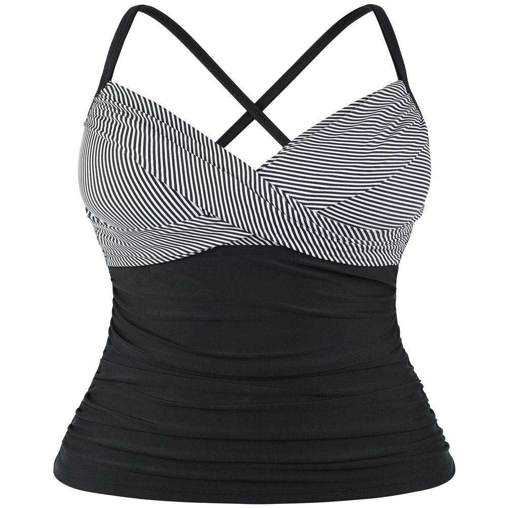 coastal rose Women's Tankini Tops Cross Front V Neck Swim Top Ruched Tummy Control Bathing Suit Top US16 Black White Pinstripes