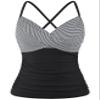 coastal rose Women's Tankini Tops Cross Front V Neck Swim Top Ruched Tummy Control Bathing Suit Top US16 Black White Pinstripes view 1