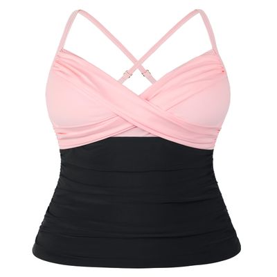 coastal rose Women's Tankini Tops Cross Front V Neck Swim Top Ruched Tummy Control Underwire Bathing Suit Top US14 Pink&Black