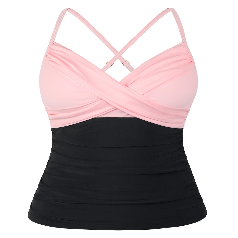 coastal rose Women's Tankini Tops Cross Front V Neck Swim Top Ruched Tummy Control Underwire Bathing Suit Top US14 Pink&Black