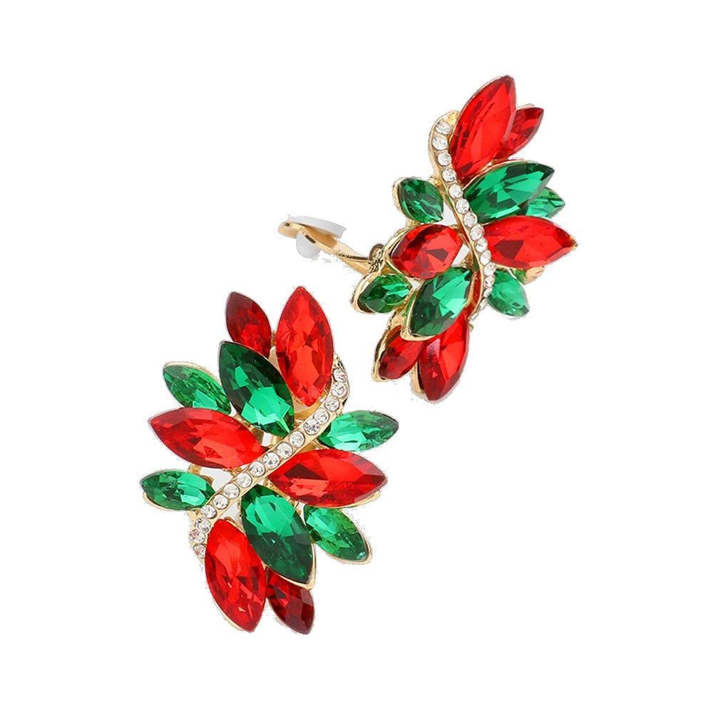 Rosemarie Collections Women's Dazzling Crystal Marquis Leaf Cluster Statement Clip On Earrings, 1.87" (Christmas Mix Green Red Crystal Gold Tone)